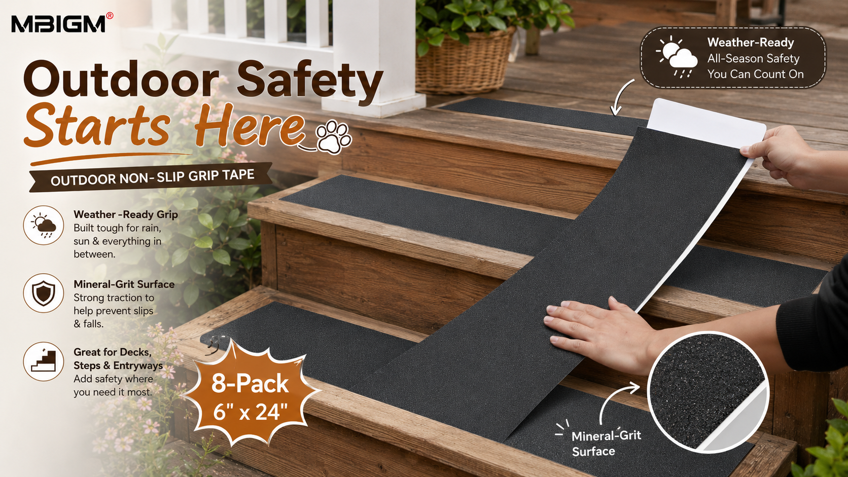Advertisement for MBIGM 8-Pack, 6" x 24" Outdoor Non-Slip Grip Tape. The main image shows an outdoor wood deck staircase, where a person is installing a black grip tape on one step. Features highlighted include weather-ready grip, mineral-grit surface, and suitability for decks, steps & entryways. A bottom right inset shows a close-up of the grit surface.