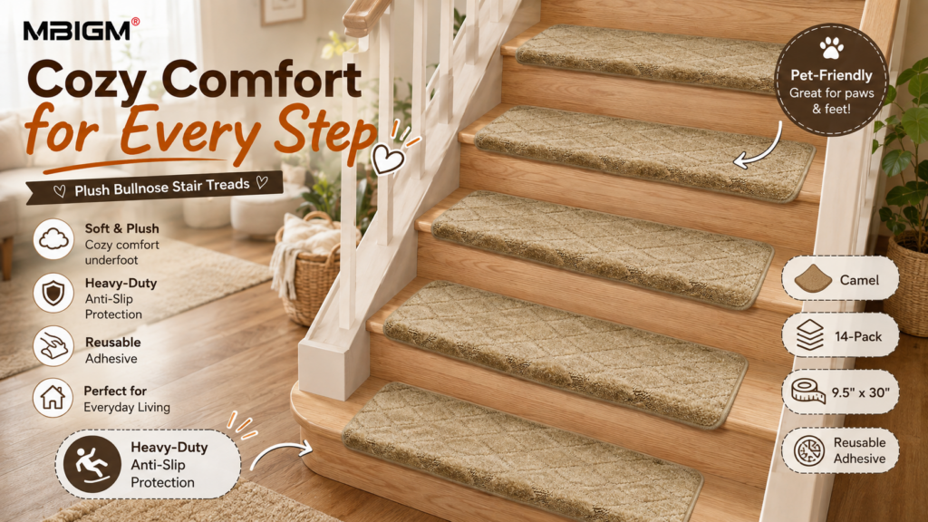 Advertisement for MBIGM 14-Pack, 9.5" x 30" Camel Plush Bullnose Stair Treads. The main image shows an indoor wood staircase fully covered with camel-colored plush treads. Key features include soft & plush, heavy-duty anti-slip protection, reusable adhesive, perfect for daily living, and pet-friendly. Inset at bottom left highlights anti-slip protection, and right inset highlights the reusable adhesive.