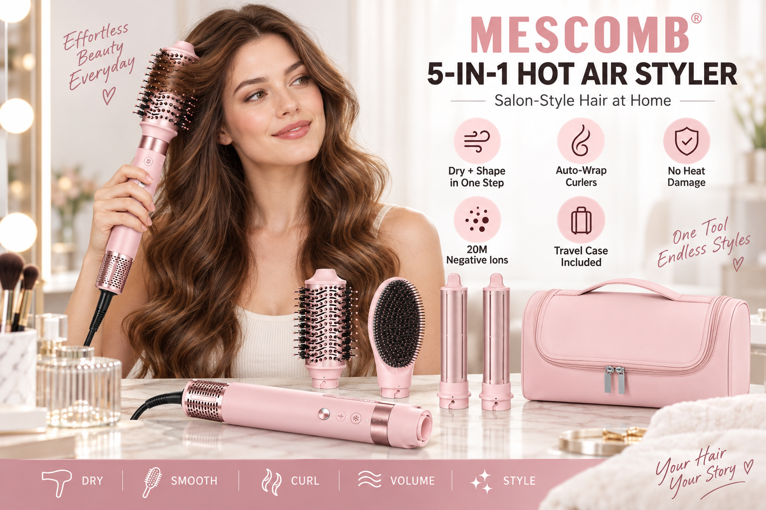 Woman styling long wavy hair with a pink MESCOMB 5-in-1 hot air styler at a bright vanity, with round brush, paddle brush, two auto-wrap curlers, and pink travel case displayed below. Callouts highlight dry-and-shape styling, auto-wrap curls, negative ions, and travel storage.