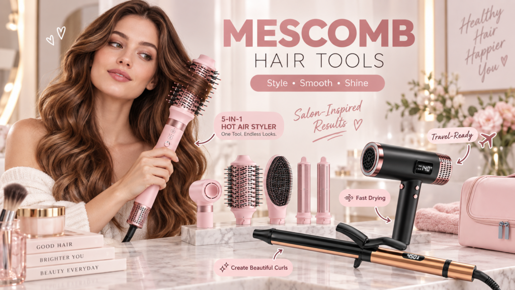 MESCOMB hair tools displayed in a warm blush-pink vanity scene, featuring a woman using the pink 5-in-1 hot air styler alongside a black travel hair dryer and black-and-gold curling iron, with callouts for fast drying, travel-ready styling, and beautiful curls.