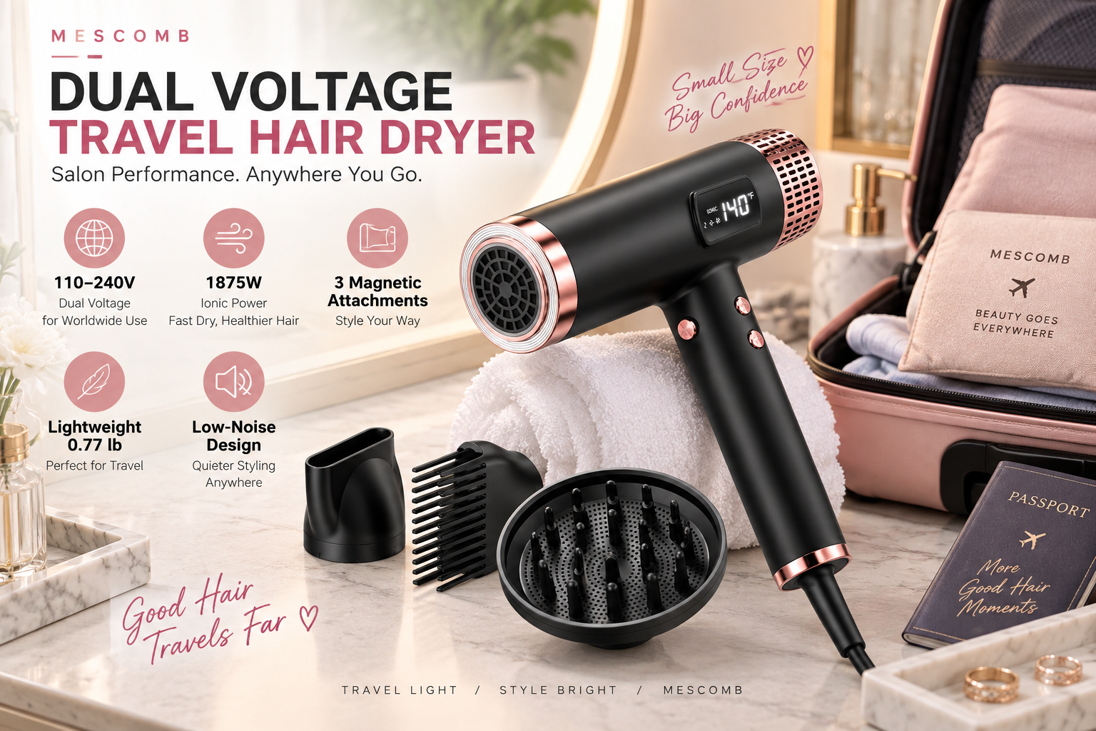 Black and rose-gold MESCOMB dual-voltage travel hair dryer displayed on a hotel-style vanity beside an open suitcase, towel, diffuser, concentrator, and smoothing attachment. Feature callouts include 110–240V dual voltage, 1875W ionic power, lightweight design, and low noise.