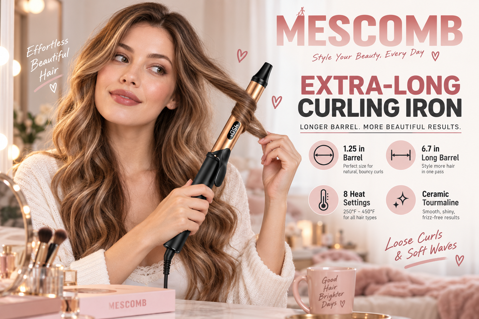 Woman creating soft waves with a black-and-gold MESCOMB extra-long curling iron in a cozy vanity setting. The promotional layout highlights a 1.25-inch barrel, 6.7-inch long barrel, eight heat settings, ceramic tourmaline technology, and styling for loose curls and soft waves.