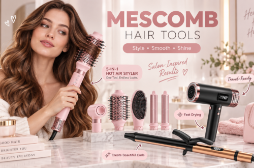 MESCOMB hair tools displayed in a warm blush-pink vanity scene, featuring a woman using the pink 5-in-1 hot air styler alongside a black travel hair dryer and black-and-gold curling iron, with callouts for fast drying, travel-ready styling, and beautiful curls.