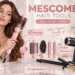 MESCOMB hair tools displayed in a warm blush-pink vanity scene, featuring a woman using the pink 5-in-1 hot air styler alongside a black travel hair dryer and black-and-gold curling iron, with callouts for fast drying, travel-ready styling, and beautiful curls.