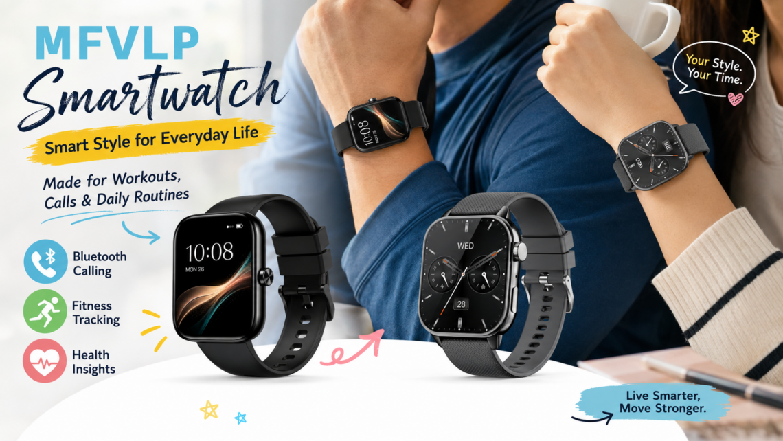 MFVLP smartwatch promotional banner featuring two black smartwatches in everyday lifestyle scenes, highlighting Bluetooth calling, fitness tracking and health insights with colorful icons and playful graphic annotations.
