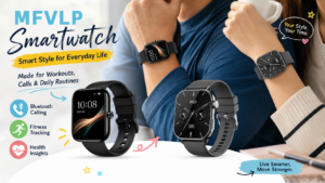 MFVLP smartwatch promotional banner featuring two black smartwatches in everyday lifestyle scenes, highlighting Bluetooth calling, fitness tracking and health insights with colorful icons and playful graphic annotations.