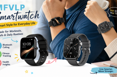 MFVLP smartwatch promotional banner featuring two black smartwatches in everyday lifestyle scenes, highlighting Bluetooth calling, fitness tracking and health insights with colorful icons and playful graphic annotations.