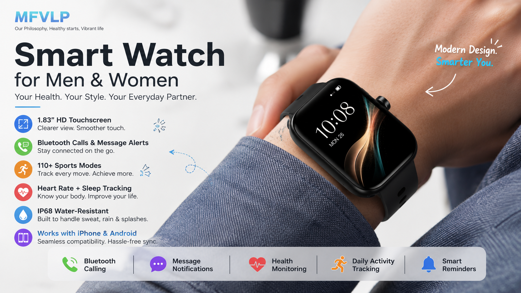 MFVLP smartwatch for men and women shown on a wrist, featuring a 1.83-inch HD touchscreen, Bluetooth calls and message alerts, 110+ sports modes, heart rate and sleep tracking, IP68 water resistance, and smartphone compatibility.