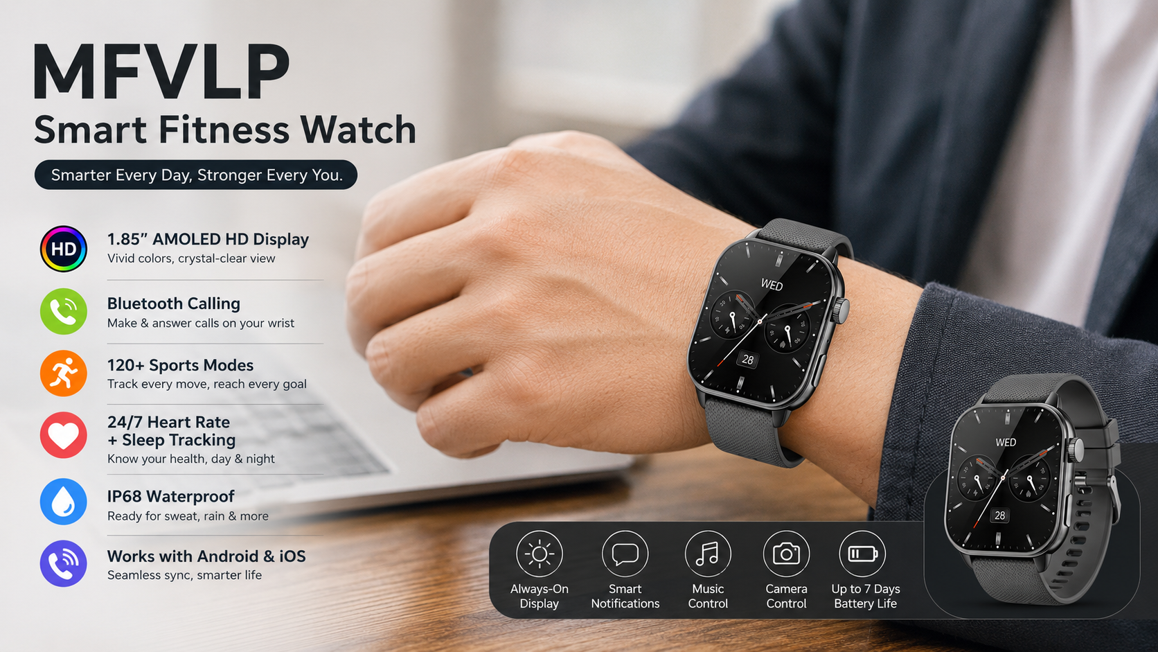 MFVLP Smart Fitness Watch displayed on a wrist with a 1.85-inch AMOLED HD screen, highlighting Bluetooth calling, 120+ sports modes, heart rate and sleep tracking, IP68 waterproofing, smart notifications and everyday controls.