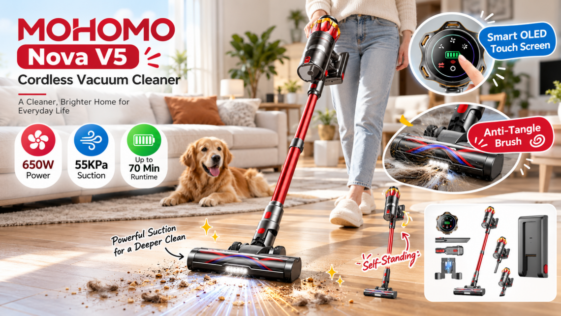 MOHOMO Nova V5 cordless vacuum cleaning a hardwood floor in a bright modern living room with a pet dog nearby, highlighting 650W power, 55KPa suction, up to 70-minute runtime, OLED touch screen, anti-tangle brush, and self-standing design.