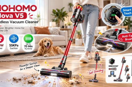 MOHOMO Nova V5 cordless vacuum cleaning a hardwood floor in a bright modern living room with a pet dog nearby, highlighting 650W power, 55KPa suction, up to 70-minute runtime, OLED touch screen, anti-tangle brush, and self-standing design.