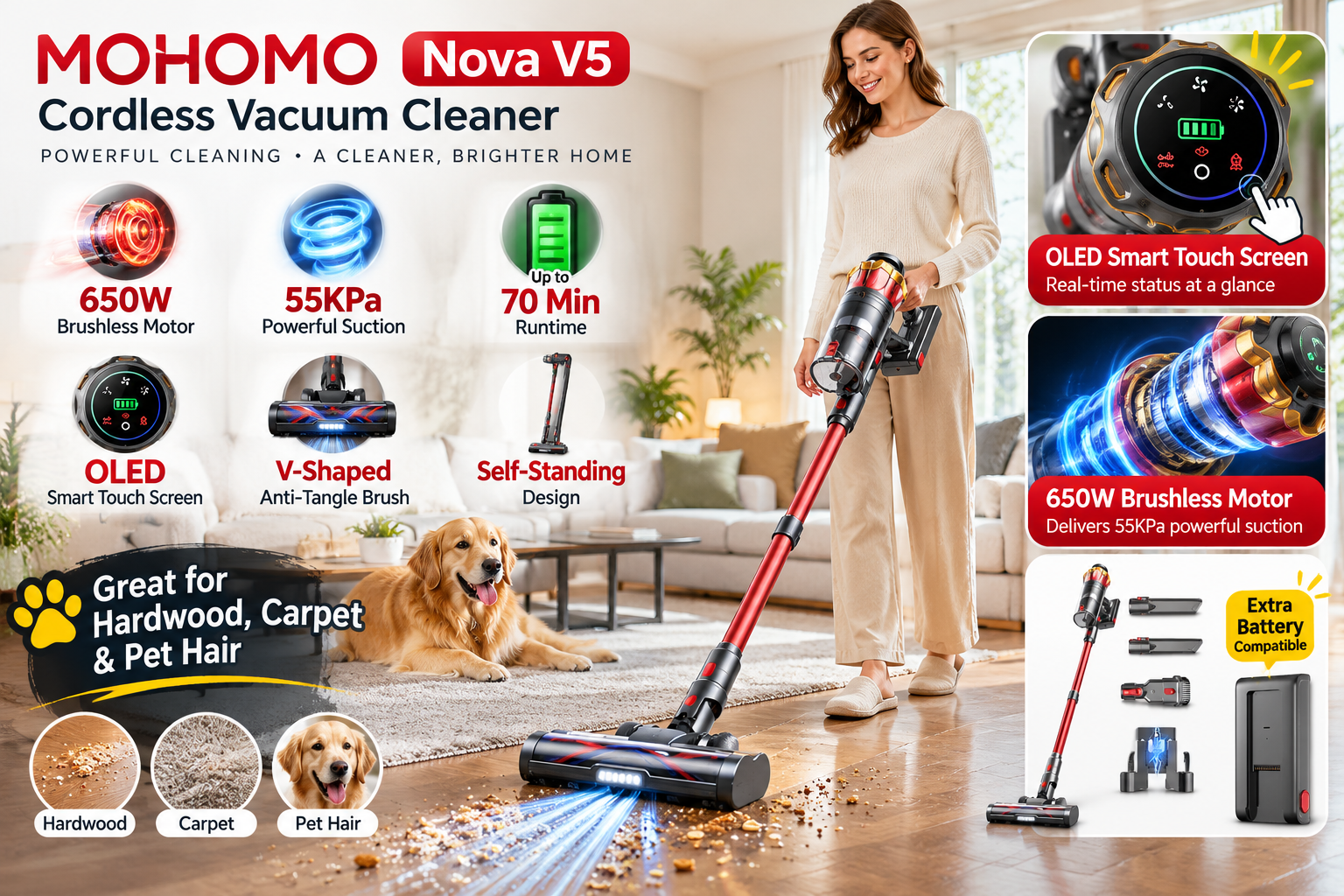MOHOMO Nova V5 red cordless vacuum in a modern living room cleaning hardwood and carpet with a dog nearby, featuring a 650W brushless motor, 55KPa suction, 70-minute runtime, OLED touch screen, V-shaped anti-tangle brush, and accessories.