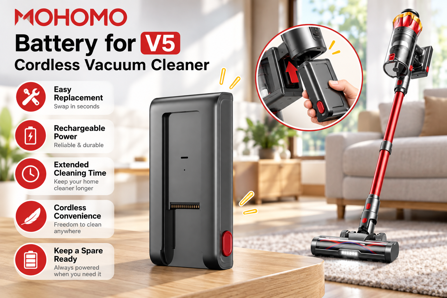 MOHOMO replacement battery for the V5 cordless vacuum displayed on a wooden table in a bright living room, with the red V5 vacuum and an installation close-up, highlighting rechargeable power, easy replacement, extended cleaning time, and spare battery convenience.