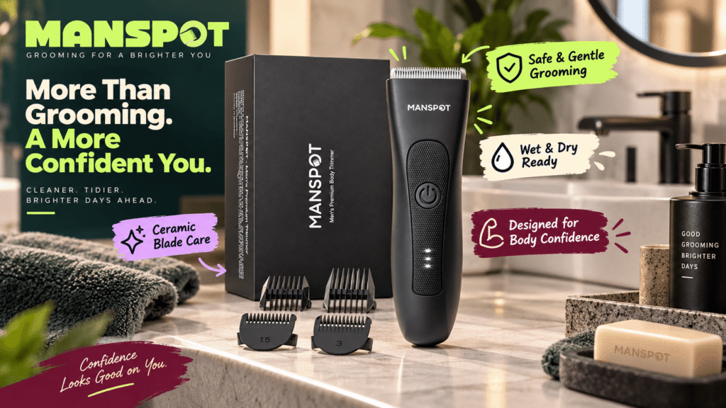 MANSPOT body trimmer displayed with its black product box and four grooming guards on a modern bathroom counter. Colorful callouts highlight safe and gentle grooming, ceramic blade care, wet and dry use, and body confidence.