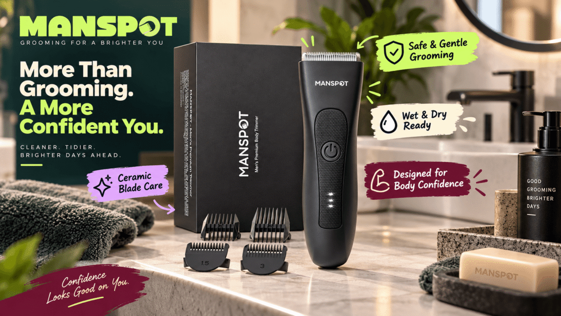 MANSPOT body trimmer displayed with its black product box and four grooming guards on a modern bathroom counter. Colorful callouts highlight safe and gentle grooming, ceramic blade care, wet and dry use, and body confidence.