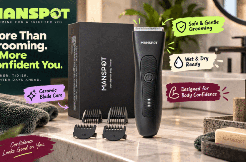 MANSPOT body trimmer displayed with its black product box and four grooming guards on a modern bathroom counter. Colorful callouts highlight safe and gentle grooming, ceramic blade care, wet and dry use, and body confidence.