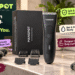 MANSPOT body trimmer displayed with its black product box and four grooming guards on a modern bathroom counter. Colorful callouts highlight safe and gentle grooming, ceramic blade care, wet and dry use, and body confidence.