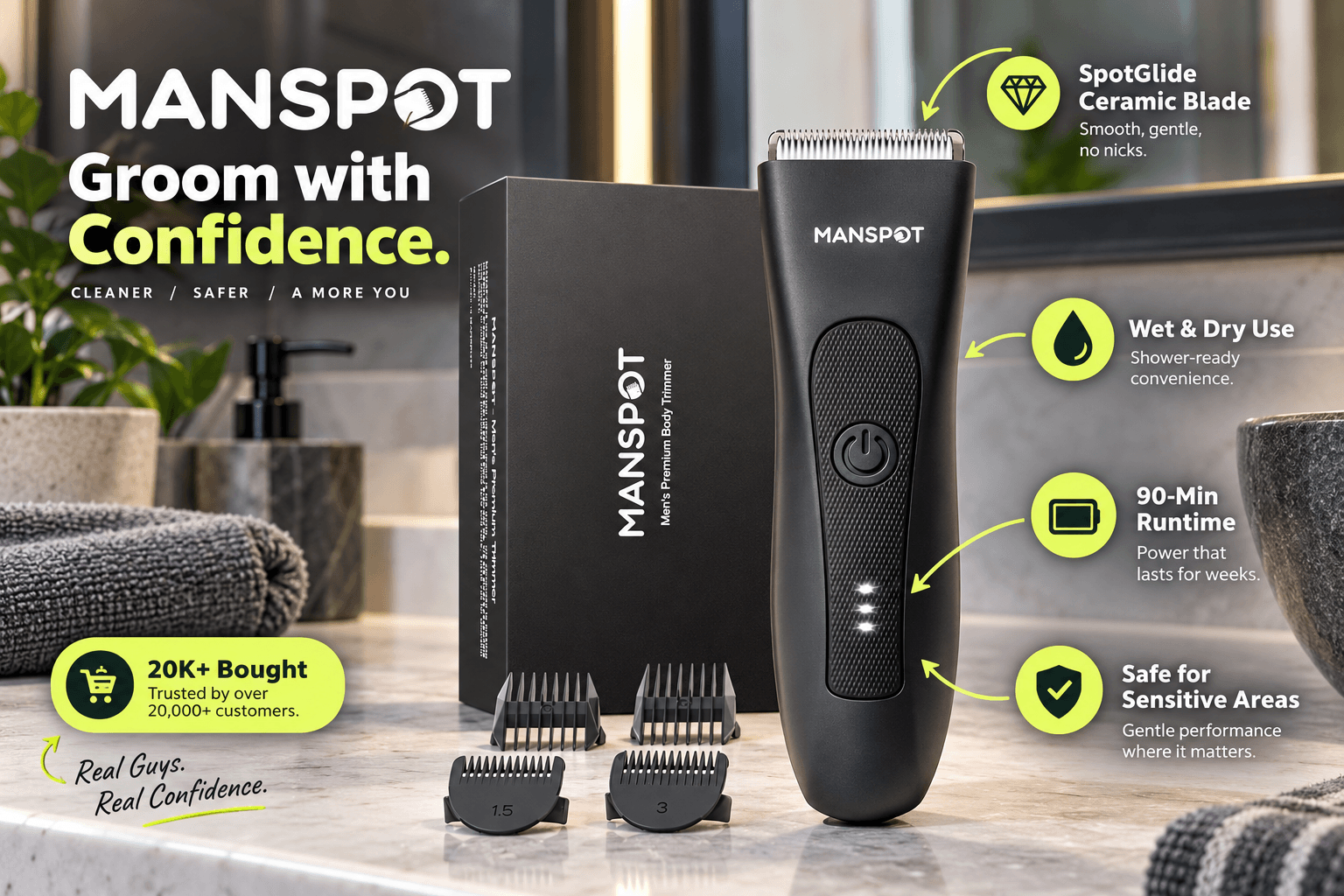 MANSPOT black groin and body trimmer with product box and four guards in a stylish bathroom setting. Graphic callouts feature the SpotGlide ceramic blade, wet and dry use, 90-minute runtime, and gentle grooming for sensitive areas.