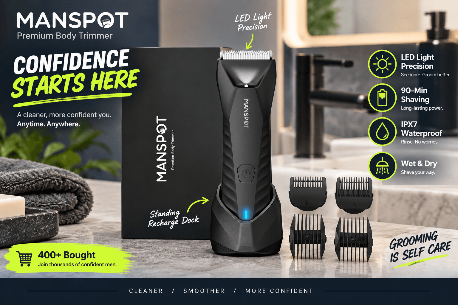 MANSPOT premium body trimmer standing in its charging dock beside the product box and four guard attachments. Bathroom-style promotional graphic highlights LED light precision, IPX7 waterproofing, wet and dry use, and 90-minute shaving time.