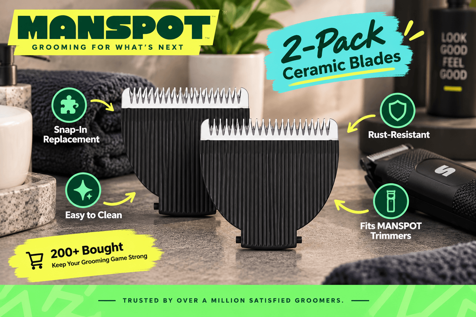 Two black MANSPOT ceramic replacement blade heads displayed on a bathroom grooming counter beside a compatible trimmer. Promotional callouts highlight snap-in installation, rust resistance, easy cleaning, and compatibility with MANSPOT trimmers.