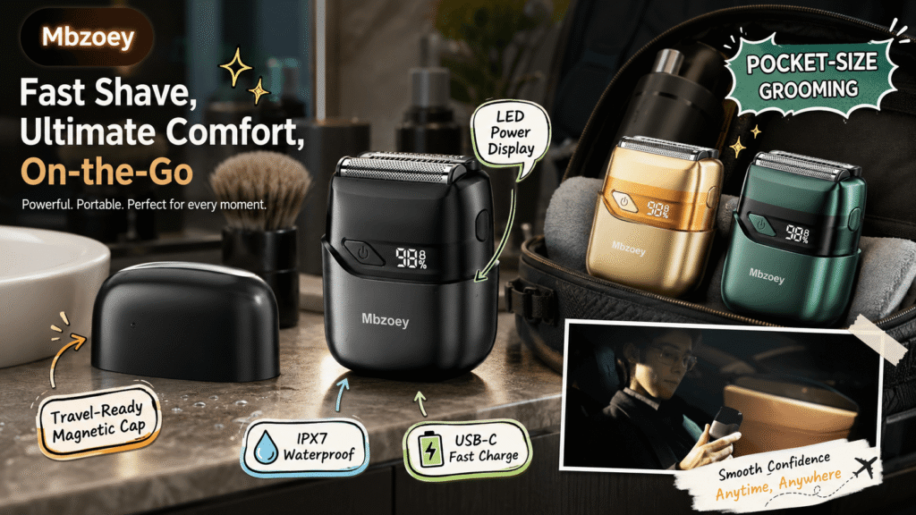 A promotional graphic showcasing the Mbzoey pocket-size electric razor in a bathroom setting. Key features highlighted include a fast shave, ultimate comfort, on-the-go usability, a powerful motor, portability, IPX7 waterproof rating, USB-C fast charge, and an LED power display showing 98%. A text box reads "Smooth Confidence Anytime, Anywhere" with a photo of a man using the razor. Gold and green razor variants are also visible in a travel bag.