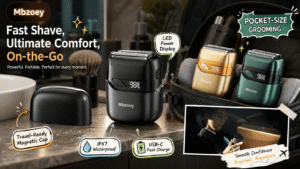 A promotional graphic showcasing the Mbzoey pocket-size electric razor in a bathroom setting. Key features highlighted include a fast shave, ultimate comfort, on-the-go usability, a powerful motor, portability, IPX7 waterproof rating, USB-C fast charge, and an LED power display showing 98%. A text box reads "Smooth Confidence Anytime, Anywhere" with a photo of a man using the razor. Gold and green razor variants are also visible in a travel bag.