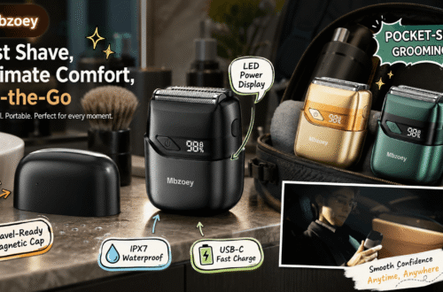 A promotional graphic showcasing the Mbzoey pocket-size electric razor in a bathroom setting. Key features highlighted include a fast shave, ultimate comfort, on-the-go usability, a powerful motor, portability, IPX7 waterproof rating, USB-C fast charge, and an LED power display showing 98%. A text box reads "Smooth Confidence Anytime, Anywhere" with a photo of a man using the razor. Gold and green razor variants are also visible in a travel bag.
