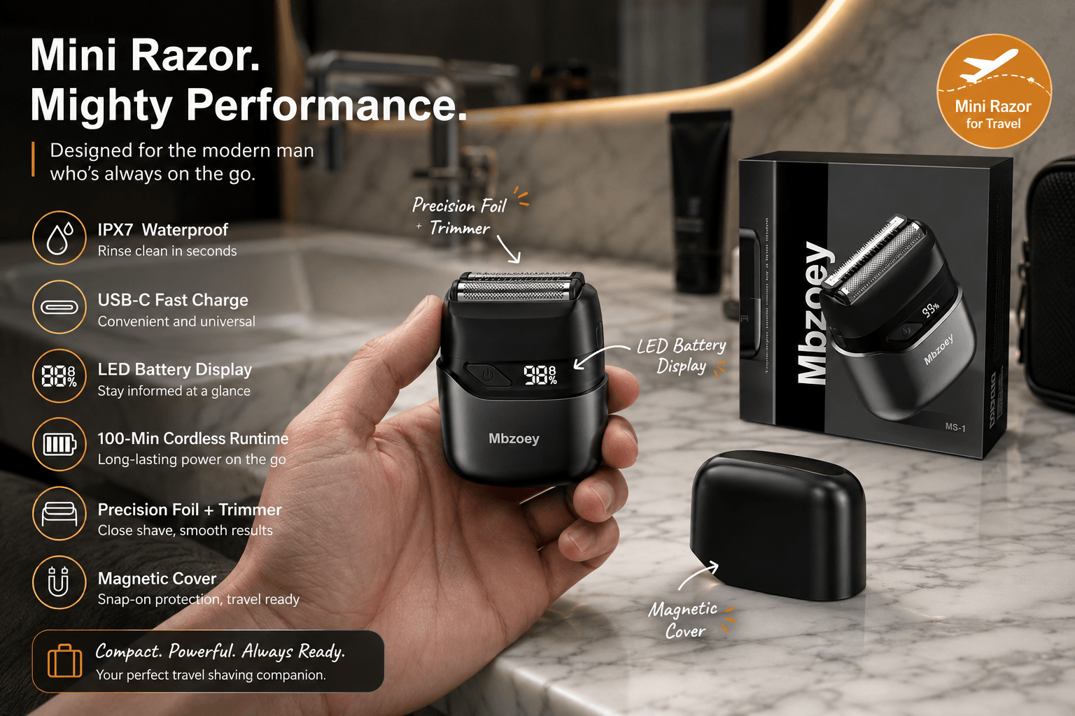 A promotional graphic for the black Mbzoey mini razor, held in a man's hand in a premium bathroom setting next to its packaging. Headlines read "Mini Razor. Mighty Performance" and "Designed for the modern man who's always on the go." A detailed features list on the left includes IPX7 waterproof, USB-C fast charge, 100-min cordless runtime, precision foil + trimmer, and LED battery display showing 98%. The razor is also shown with its magnetic cover removed and nearby.