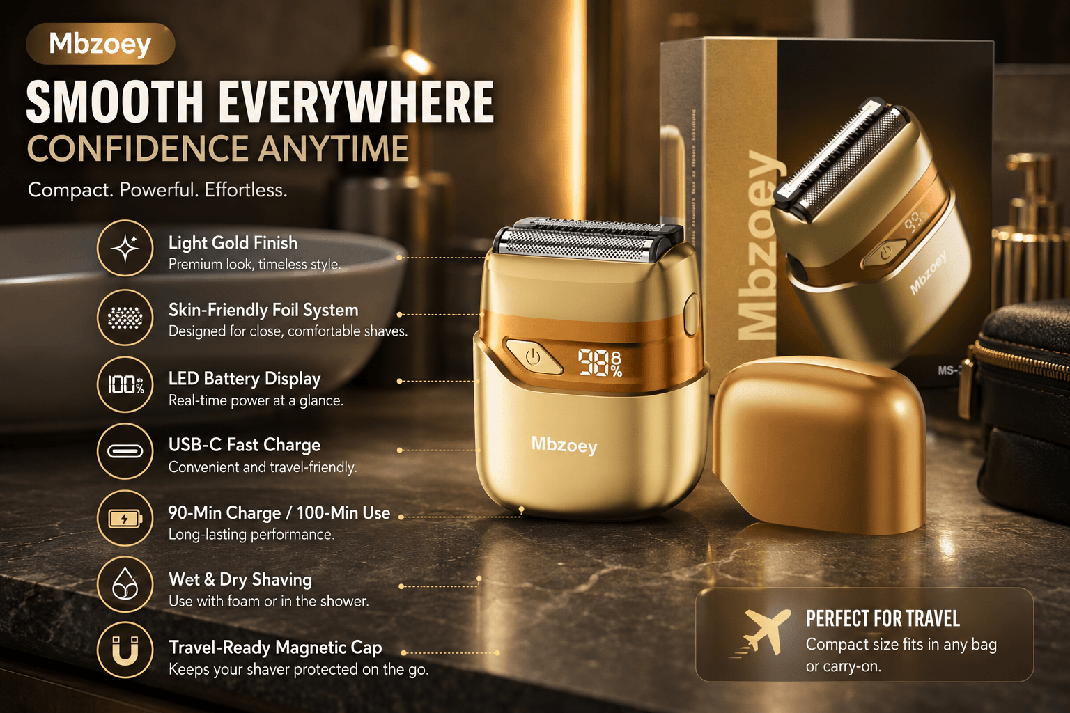 A luxurious promotional image featuring the light gold Mbzoey compact electric razor on a marble bathroom counter with gold fixtures. Headlines read "Mbzoey SMOOTH EVERYWHERE CONFIDENCE ANYTIME" and "Compact. Powerful. Effortless." The razor shows 98% battery and branded with "Mbzoey." Listed features include skin-friendly foil system, real-time LED battery display, USB-C fast charge, long-lasting performance (90-min charge / 100-min use), wet & dry shaving, and a travel-ready magnetic cap. The packaging is in the background.