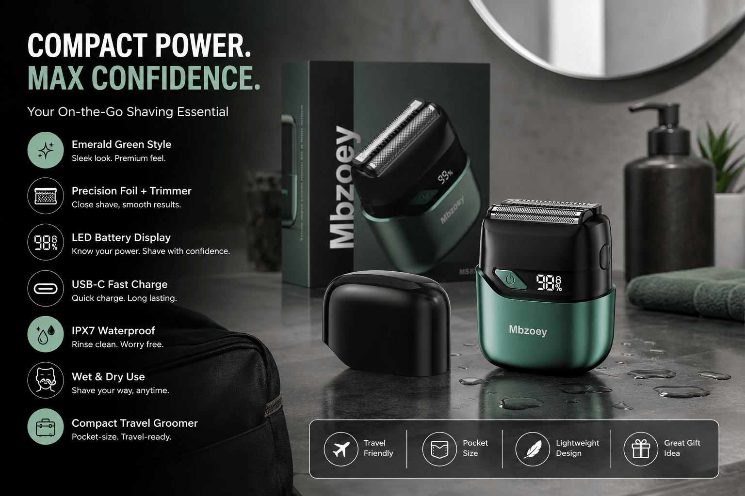 A promotional graphic showcasing the emerald green Mbzoey compact electric razor in a modern bathroom environment with a mirror and toiletries. Headlines read "COMPACT POWER. MAX CONFIDENCE." and "Your On-the-Go Shaving Essential." The razor shows "98%" and branded with "Mbzoey." Key features listed include emerald green style, precision foil + trimmer, LED battery display, USB-C fast charge, IPX7 waterproof, wet & dry use, and compact travel groomer. The packaging and icons for "travel friendly," "pocket size," etc., are at the bottom.