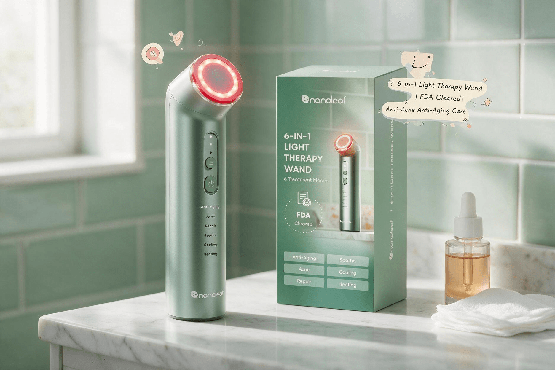 Nanoleaf 6-in-1 Red Light Therapy Wand for Face & Neck, FDA-Cleared