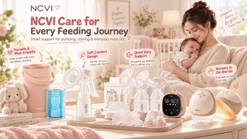 An NCVI brand promotional image featuring a mother happily holding her baby in a warm room, surrounded by a comprehensive lineup of NCVI maternal products on a coffee table. The text headline reads "NCVI Care for Every Feeding Journey", showcasing portable coolers, manual and electric breast pumps, and breast milk storage bags. Special callouts highlight "Portable & Mom-Friendly", "Soft Comfort Design", "Quiet Daily Support", and "Nursery to On-the-Go".