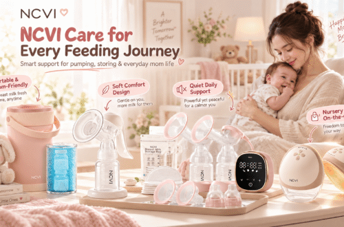 An NCVI brand promotional image featuring a mother happily holding her baby in a warm room, surrounded by a comprehensive lineup of NCVI maternal products on a coffee table. The text headline reads "NCVI Care for Every Feeding Journey", showcasing portable coolers, manual and electric breast pumps, and breast milk storage bags. Special callouts highlight "Portable & Mom-Friendly", "Soft Comfort Design", "Quiet Daily Support", and "Nursery to On-the-Go".