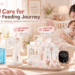 An NCVI brand promotional image featuring a mother happily holding her baby in a warm room, surrounded by a comprehensive lineup of NCVI maternal products on a coffee table. The text headline reads "NCVI Care for Every Feeding Journey", showcasing portable coolers, manual and electric breast pumps, and breast milk storage bags. Special callouts highlight "Portable & Mom-Friendly", "Soft Comfort Design", "Quiet Daily Support", and "Nursery to On-the-Go".