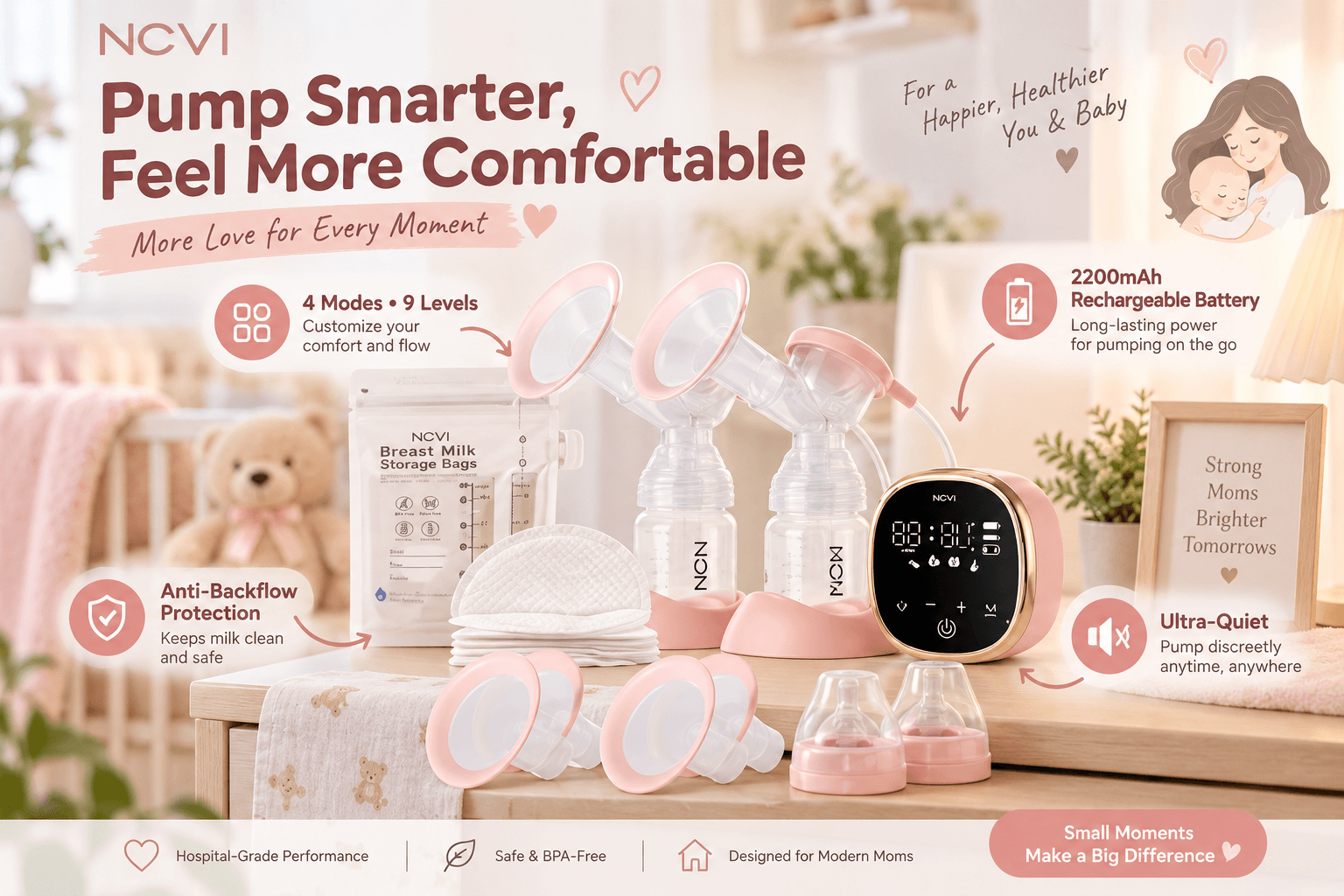 A promotional product photo focusing on the NCVI double electric breast pump, presented on a wooden table with baby essentials like a teddy bear and crib in the blurred background. The headline reads "Pump Smarter, Feel More Comfortable". Callouts highlight key features: "4 Modes • 9 Levels", "2200mAh Rechargeable Battery", "Anti-Backflow Protection", and "Ultra-Quiet". Multiple accessories like breast milk bags and replacement flanges are shown.