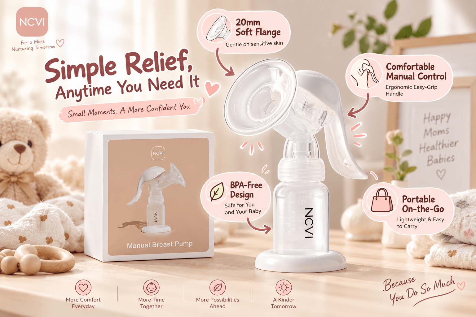 A focused product promotional shot for the NCVI manual breast pump. The clear plastic pump with a white ergonomic handle sits on a wooden table next to its packaging box, with blankets and a teddy bear nearby. The main title is "Simple Relief, Anytime You Need It". Descriptive callouts mention features like "20mm Soft Flange", "Comfortable Manual Control", "BPA-Free Design", and "Portable On-the-Go".