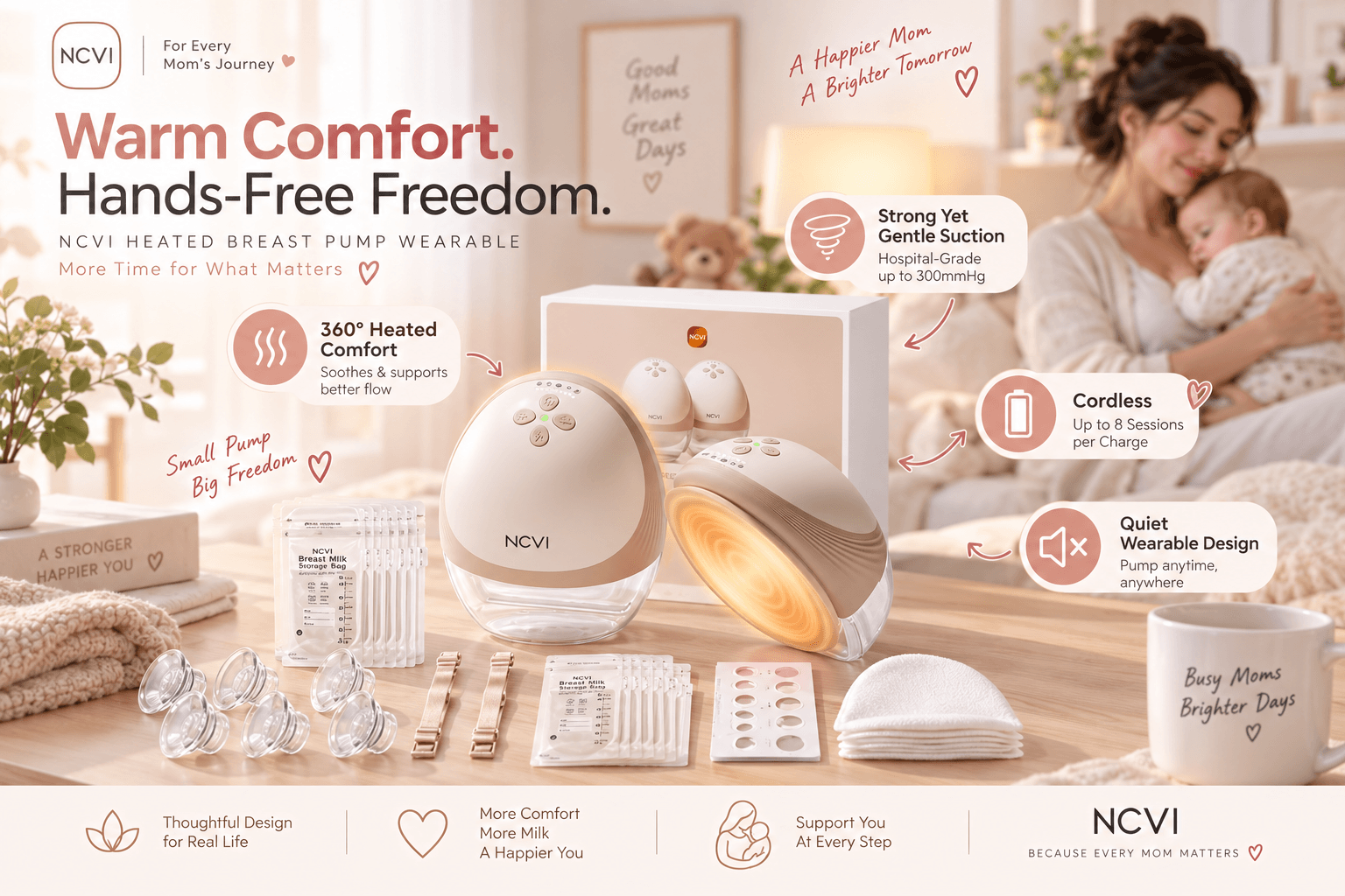 An advertisement for the NCVI heated wearable breast pump, featuring a mother embracing her baby on the right and an array of breast pump units and accessories on the left table. One beige wearable pump shows an orange glowing heating effect. The headline states "Warm Comfort. Hands-Free Freedom." Callouts highlight "360° Heated Comfort", "Strong Yet Gentle Suction", "Cordless", and "Quiet Wearable Design".