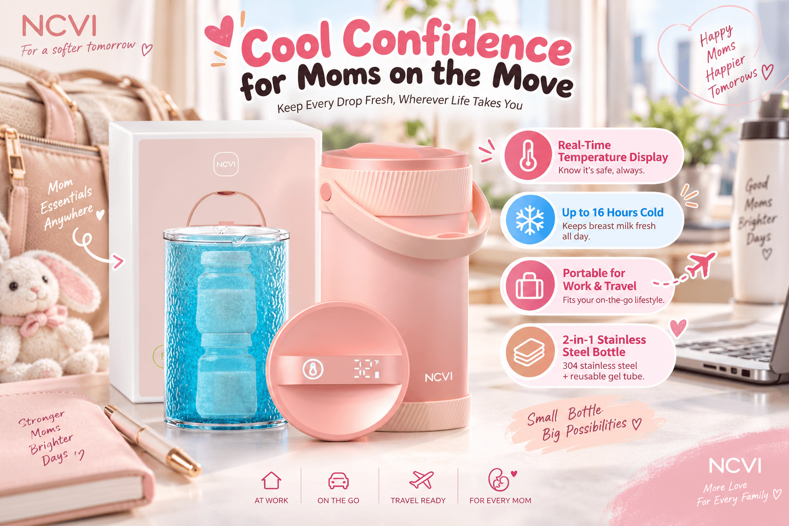 A desk scene showcasing the NCVI breast milk cooler and storage system. The central pink insulated bottle has a digital lid displaying "32°F". It is surrounded by cooling tubes in a clear cup, a product box, a laptop, and a teddy bear. The main text reads "Cool Confidence for Moms on the Move". Callouts highlight "Real-Time Temperature Display", "Up to 16 Hours Cold", "Portable for Work & Travel", and "2-in-1 Stainless Steel Bottle".
