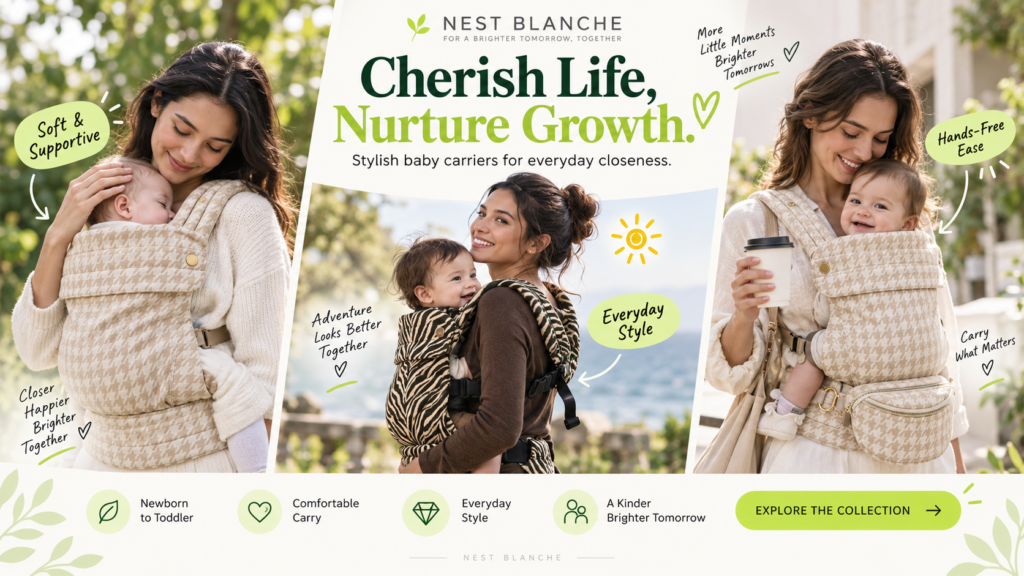 Nest Blanche brand advertisement image with the theme 'Cherish Life, Nurture Growth.' The image features three mothers and babies wearing different styled baby carriers (beige houndstooth and zebra print), set in outdoor park and coastal environments. Key features like 'Newborn to Toddler' and 'Comfortable Carry' are listed with icons at the bottom, and an 'EXPLORE THE COLLECTION' button is in the bottom right. The Nest Blanche brand logo and slogan are at the top.