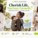 Nest Blanche brand advertisement image with the theme 'Cherish Life, Nurture Growth.' The image features three mothers and babies wearing different styled baby carriers (beige houndstooth and zebra print), set in outdoor park and coastal environments. Key features like 'Newborn to Toddler' and 'Comfortable Carry' are listed with icons at the bottom, and an 'EXPLORE THE COLLECTION' button is in the bottom right. The Nest Blanche brand logo and slogan are at the top.