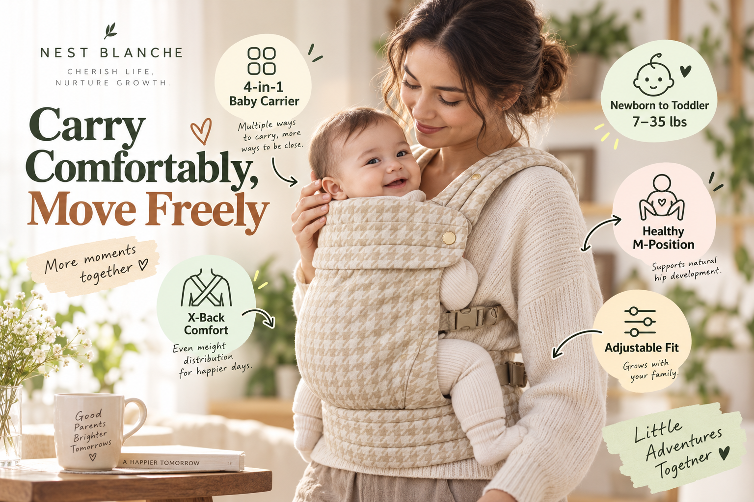 Nest Blanche houndstooth baby carrier feature illustration image with the title 'Carry Comfortably, Move Freely.' The center features a mother carrying a baby in a beige houndstooth carrier. Circular tags with icons and text around the image detail the carrier's five key features: '4-in-1 Baby Carrier', 'X-Back Comfort', 'Newborn to Toddler 7-35 lbs', 'Healthy M-Position' (supports hip development), 'Adjustable Fit'.
