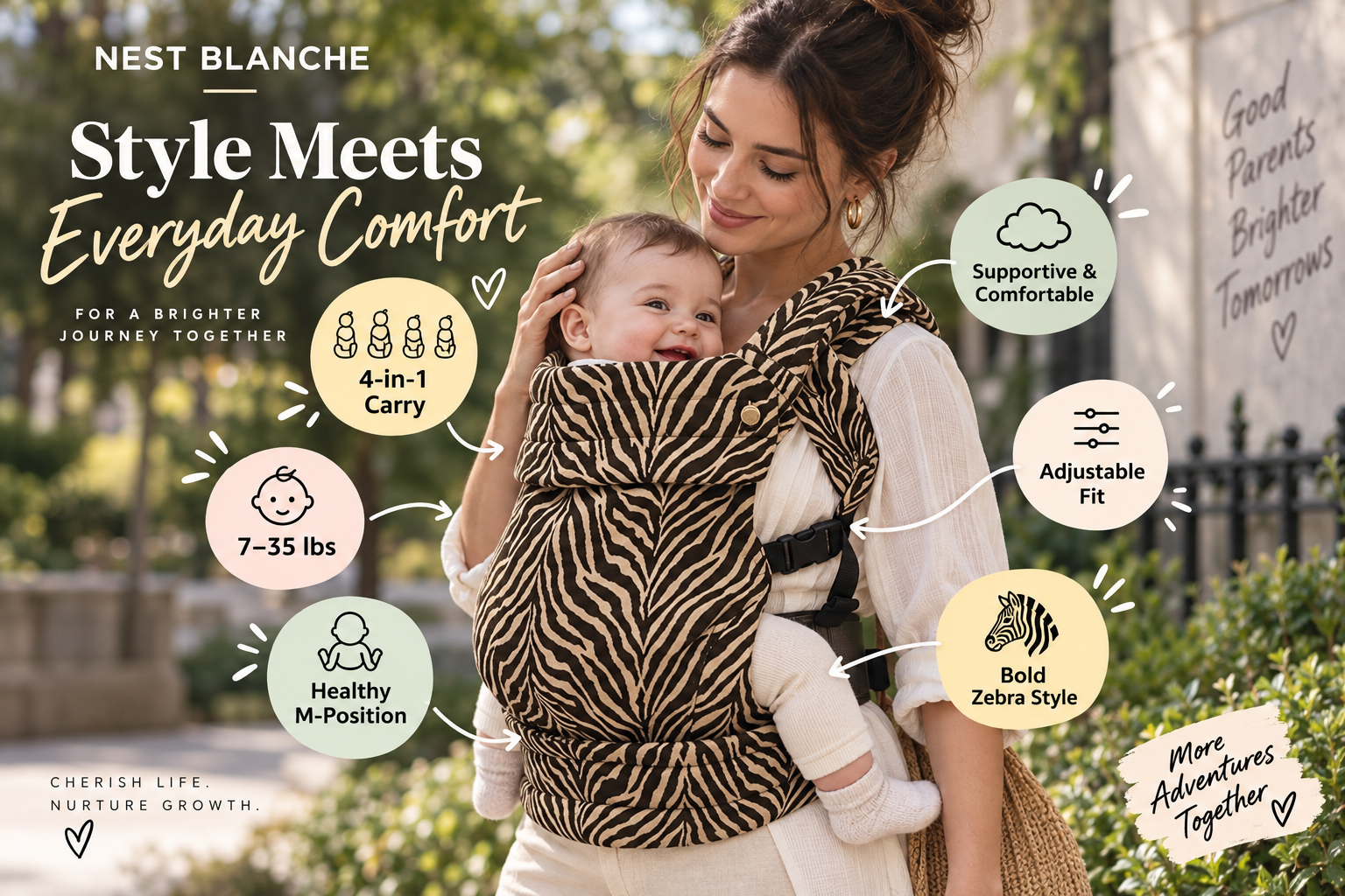 Nest Blanche zebra print baby carrier style and comfort illustration image with the title 'Style Meets Everyday Comfort.' The image shows a mother carrying a baby in a bold zebra print carrier. Tags around the image detail features: '4-in-1 Carry', '7-35 lbs', 'Healthy M-Position', 'Supportive & Comfortable', 'Adjustable Fit', 'Bold Zebra Style'.