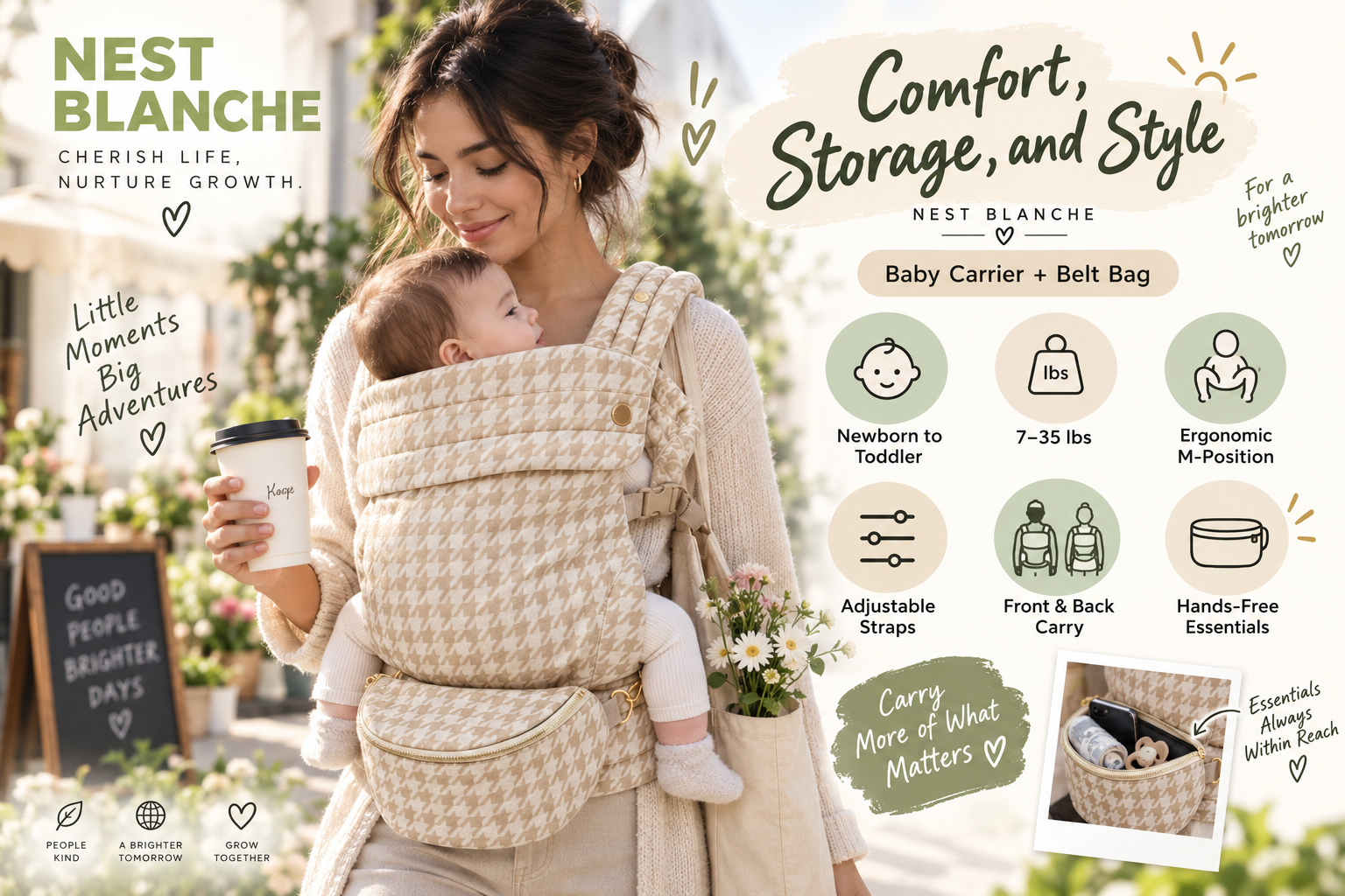 Nest Blanche 'Comfort, Storage, and Style' functionality display image. The image shows a mother wearing a beige houndstooth baby carrier with a matching houndstooth belt bag below it, set in an outdoor cafe environment. Features detailed with icons and text around the image include 'Newborn to Toddler', '7-35 lbs', 'Ergonomic M-Position', 'Adjustable Straps', 'Front & Back Carry', 'Hands-Free Essentials', 'Carry More of What Matters'. A close-up inset in the bottom right shows a phone, pacifier, and cash inside the belt bag.