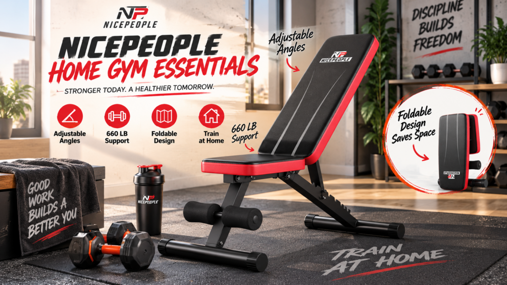 Promotional image for NICEPEOPLE Home Gym Essentials, featuring a black and red adjustable weight bench in a sunlit room. Infographic icons highlight key features: adjustable angles, 660 LB support, foldable design, and train at home capabilities. An inset graphic shows the bench compactly folded to save space, while a shaker bottle, dumbbells, and a towel reading "Good work builds a better you" rest on the floor.