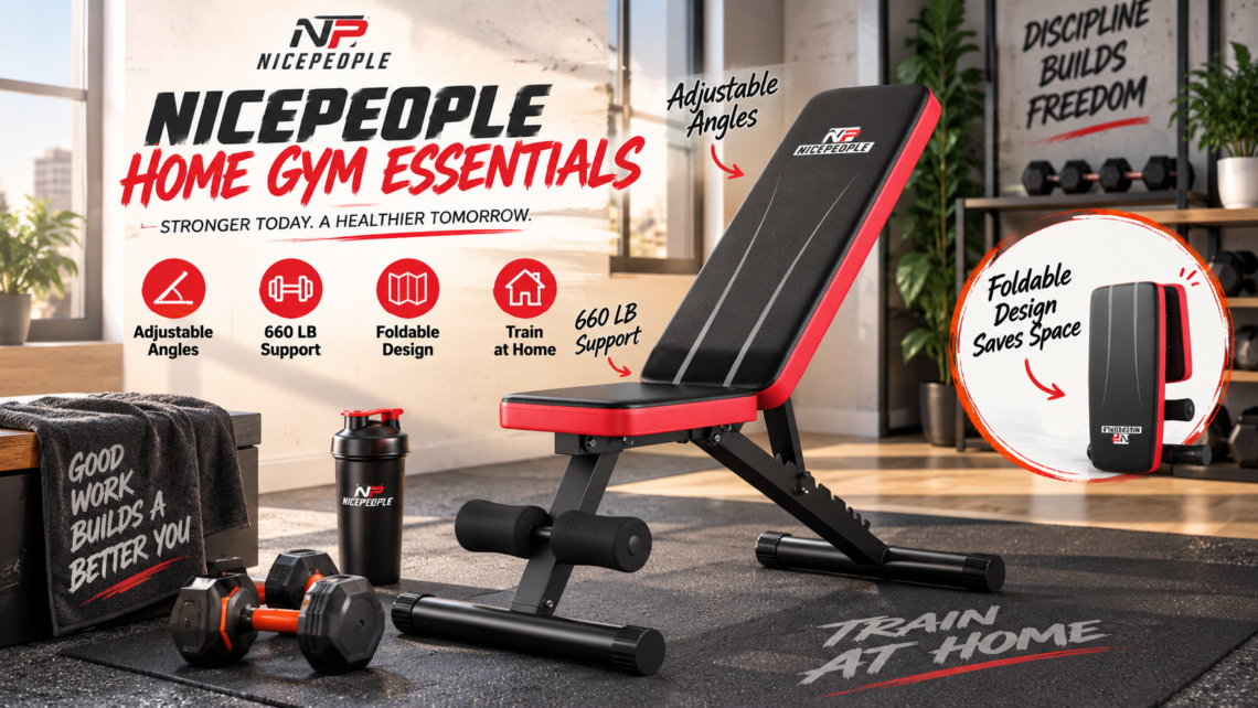 Promotional image for NICEPEOPLE Home Gym Essentials, featuring a black and red adjustable weight bench in a sunlit room. Infographic icons highlight key features: adjustable angles, 660 LB support, foldable design, and train at home capabilities. An inset graphic shows the bench compactly folded to save space, while a shaker bottle, dumbbells, and a towel reading "Good work builds a better you" rest on the floor.