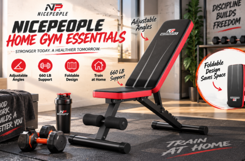 Promotional image for NICEPEOPLE Home Gym Essentials, featuring a black and red adjustable weight bench in a sunlit room. Infographic icons highlight key features: adjustable angles, 660 LB support, foldable design, and train at home capabilities. An inset graphic shows the bench compactly folded to save space, while a shaker bottle, dumbbells, and a towel reading "Good work builds a better you" rest on the floor.