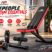 Promotional image for NICEPEOPLE Home Gym Essentials, featuring a black and red adjustable weight bench in a sunlit room. Infographic icons highlight key features: adjustable angles, 660 LB support, foldable design, and train at home capabilities. An inset graphic shows the bench compactly folded to save space, while a shaker bottle, dumbbells, and a towel reading "Good work builds a better you" rest on the floor.