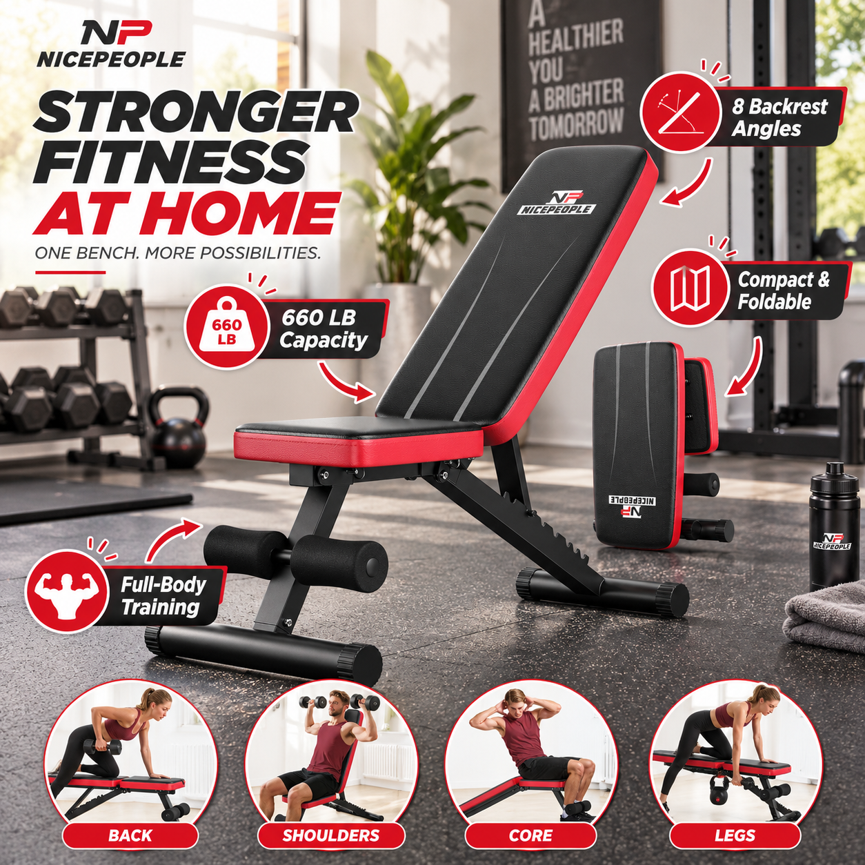 Advertisement for the NICEPEOPLE adjustable weight bench titled "Stronger Fitness At Home." The image displays the red and black bench setup next to its folded, compact version. Key features highlighted with red callouts include a 660 LB capacity, 8 backrest angles, and a compact foldable design. The bottom features four circular inset photos demonstrating human models performing back, shoulders, core, and legs exercises on the bench for full-body training.