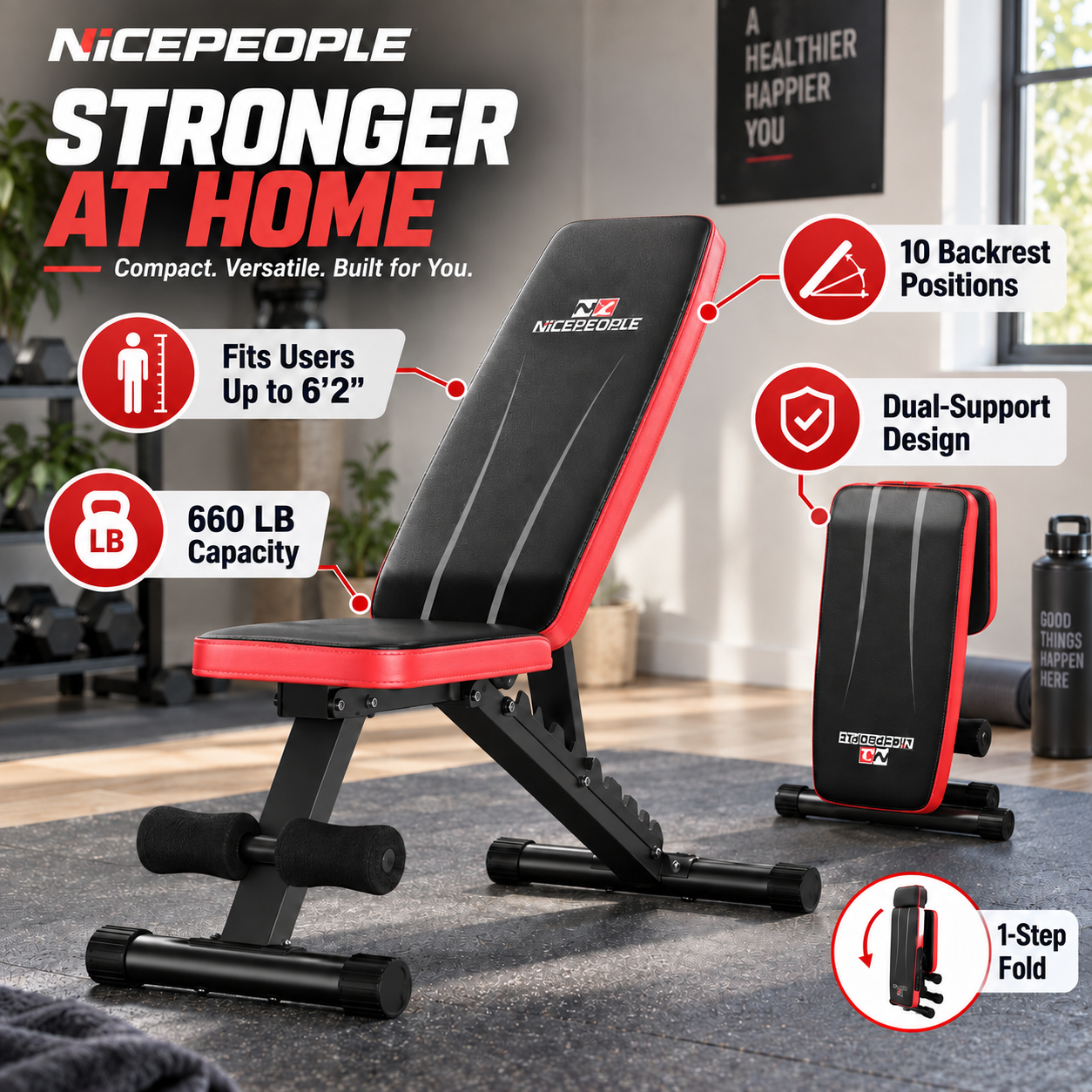 Product graphic for the NICEPEOPLE weight bench emphasizing the slogan "Stronger At Home: Compact, Versatile, Built for You." The visual presents the heavy-duty red and black bench next to a folded unit. Feature bubbles detail its specifications: fits users up to 6 feet 2 inches, 660 LB weight capacity, 10 backrest positions, a dual-support design, and a 1-step fold mechanism.
