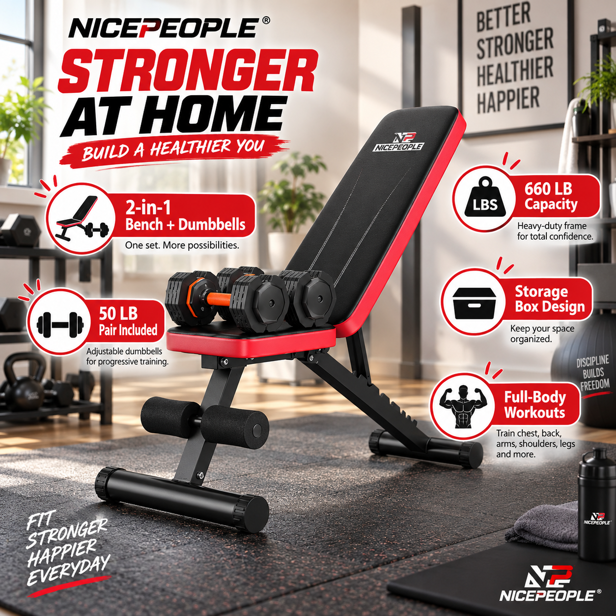 Marketing visual for a NICEPEOPLE 2-in-1 Home Gym Set labeled "Stronger At Home: Build a Healthier You." The image features the red and black adjustable weight bench with a pair of adjustable block dumbbells resting on the seat pad. Informational callouts highlight the 2-in-1 bench and dumbbells bundle, a 50 LB dumbbell pair included, 660 LB heavy-duty frame capacity, storage box design, and support for full-body workouts.